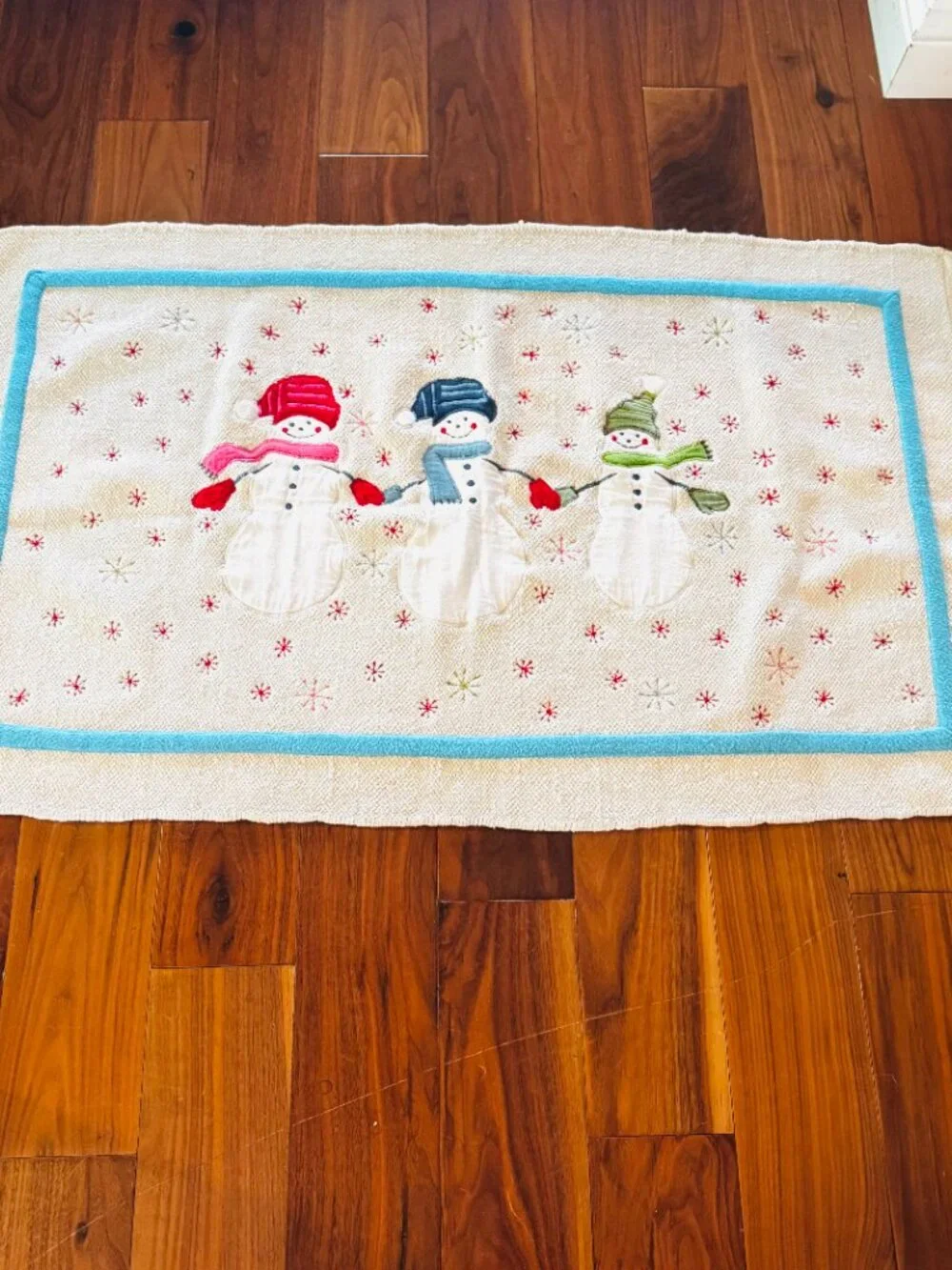 Christmas Bath Mat Embroidery Snowman Cotton Holiday Decor Wish for Joy India